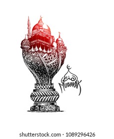 Eid Mubarak celebration- calligraphy stylish lettering Ramadan Kareem text with mosque. Vector illustration.