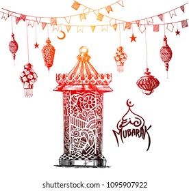 Eid Mubarak celebration- calligraphy stylish lettering eid mubarka text with mosque. Vector illustration.