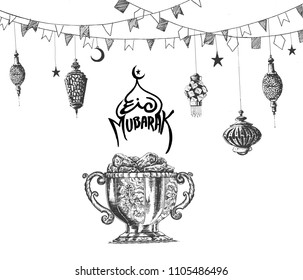 Eid Mubarak celebration- calligraphy stylish lettering Eid Mubarak text with mosque. Vector illustration.