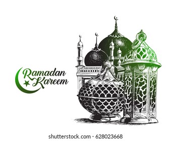 Eid Mubarak celebração - caligrafia elegante letras Ramadan Kareem texto com mesquita. Ilustração vetorial.