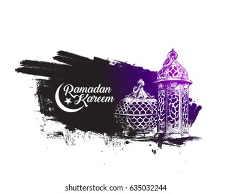 Eid Mubarak celebration- calligraphy stylish lettering Ramadan Kareem text with mosque. Vector illustration.