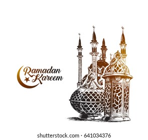 Eid Mubarak celebration- calligraphy stylish lettering Ramadan Kareem text with mosque. Vector illustration.
