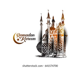 Eid Mubarak celebration- calligraphy stylish lettering Ramadan Kareem text with mosque. Vector illustration.