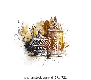 Eid Mubarak celebration- calligraphy stylish lettering Ramadan Kareem text with mosque. Vector illustration.