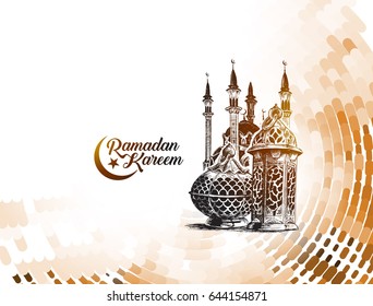 Eid Mubarak celebration- calligraphy stylish lettering Ramadan Kareem text with mosque. Vector illustration.