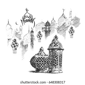 Eid Mubarak celebration- calligraphy stylish lettering Ramadan Kareem text with mosque. Vector illustration.