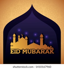 Eid mubarak celebration card with building temple silhouette vector editable illustration