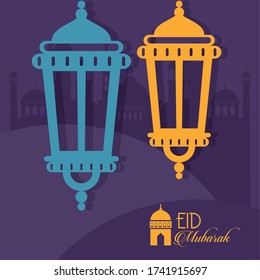 eid mubarak celebration card with lanterns hanging and mosques scene vector illustration design