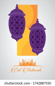 eid mubarak celebration card with lanterns hanging vector illustration design