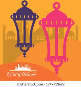 eid mubarak celebration card with lanterns hanging and mosques scene vector illustration design