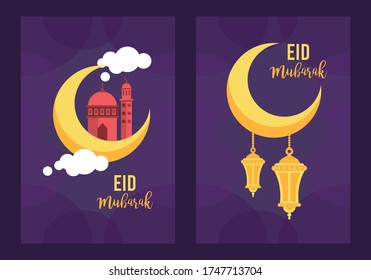 eid mubarak celebration card with lanterns hanging in moon vector illustration design