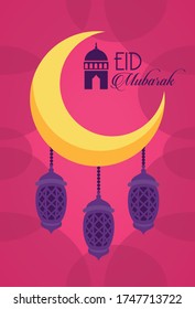 eid mubarak celebration card with lanterns hanging in moon vector illustration design