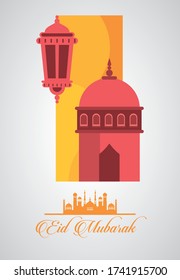 eid mubarak celebration card with mosque cupule and lantern vector illustration design