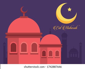 eid mubarak celebration card with mosque cupules and moon vector illustration design