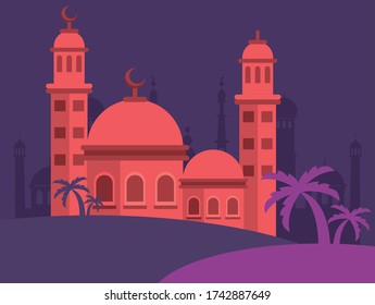 eid mubarak celebration card with mosque building scene vector illustration design