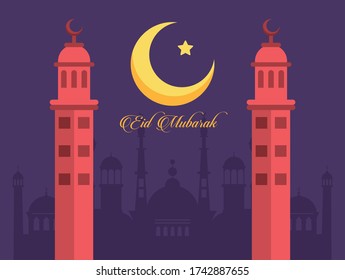 eid mubarak celebration card with mosque cupules and moon vector illustration design