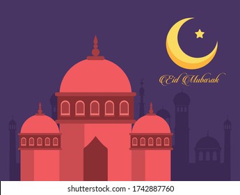 eid mubarak celebration card with mosque and moon vector illustration design