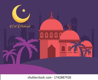 eid mubarak celebration card with mosque and moon vector illustration design