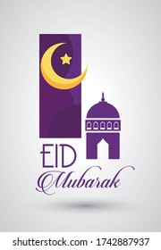 eid mubarak celebration card with mosque cupule and moon vector illustration design