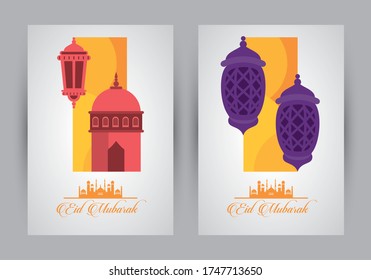 eid mubarak celebration card with mosque cupule and lanterns vector illustration design