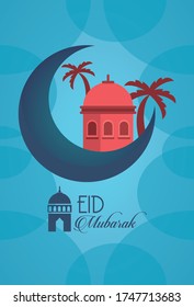 eid mubarak celebration card with mosque cupule and moon vector illustration design