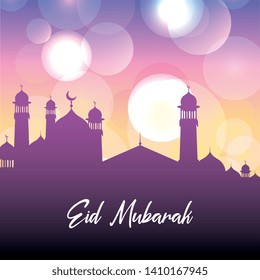 Eid mubarak celebration card purple brightly building silhouette vector editable illustration