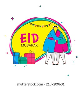 Eid Mubarak Celebration Concept With Cartoon Islamic Men Hugging Each Other, Gift Boxes, Bunting Flags Decorated On Yellow And White Background.