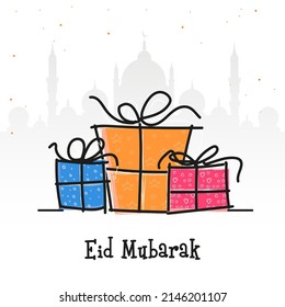 Eid Mubarak Celebration Concept With Creative Gift Boxes On White Silhouette Mosque Background.