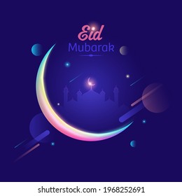 Eid Mubarak Celebration Concept With Gradient Crescent Moon And Mosque On Abstract Purple Background.