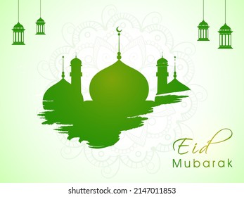 Eid Mubarak Celebration Concept With Green Brush Effect Mosque, Hanging Lanterns On Glossy Light Green Mandala Background.