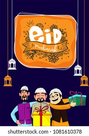 Eid Mubarak celebration concept with hanging lanterns, and happy muslim men holding gift boxes on blue background.