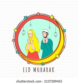 Eid Mubarak Celebration Concept With Islamic Young Couple Offering Namaz (Prayer), Crescent Moon, Stars Decorated On White Sacred Flower Pattern Background.