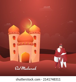 Eid Mubarak Celebration Concept With Islamic Men Hugging Each Other And Glossy Mosque Illustration On Red Background.