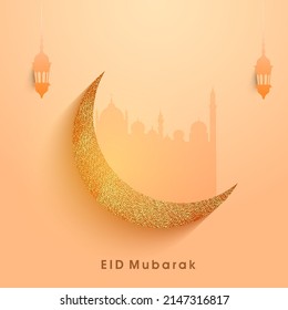 Eid Mubarak Celebration Concept With Vector Golden Glitter Crescent Moon And Lanterns Hang On Glossy Silhouette Mosque Bokeh Background.