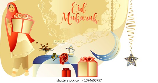 Eid Mubarak celebration with creative gifts.Islamic Holy Month.Vector for design flyer, invitation, card, poster.