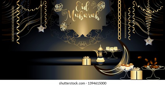 Eid Mubarak celebration with creative gifts.Islamic Holy Month.Vector for design flyer, invitation, card, poster.