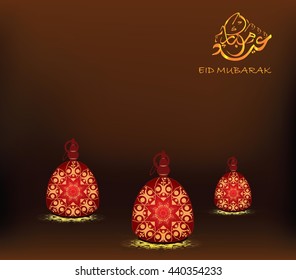 eid mubarak celebration .Creative illuminated hanging Arabic lanterns with glowing lights on shiny background, Elegant greeting or invitation card for Islamic holy day, eid moubarak