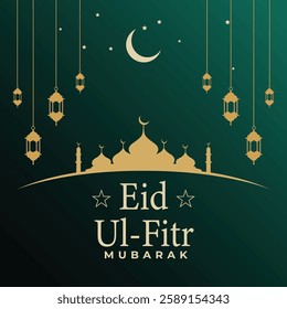 Eid Mubarak Celebration with Crescent Moon and Lanterns