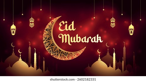 Eid Mubarak Celebration with Crescent Moon and Mosque