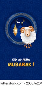 Eid Mubarak celebration Greeting card. Festive design for Muslim festival Eid Al Adha with sheep, silhouette of mosque, lanterns and crescent on night blue background. Vector illustration.