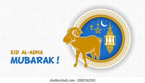 Eid Mubarak celebration Greeting card. Festive design for Muslim festival Eid Al Adha with silhouette of goat, lanterns and crescent on blue and white background with pattern. Vector illustration.