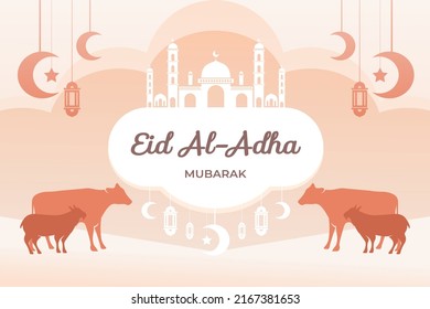 Eid Mubarak celebration Greeting card template. Festive design for Muslim festival Eid Al Adha with goat, silhouette of mosque, lanterns and crescent. Vector illustration.