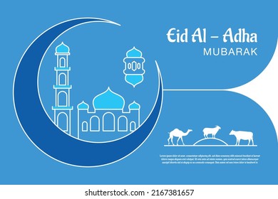 Eid Mubarak celebration Greeting card template. Festive design for Muslim festival Eid Al Adha with goat, silhouette of mosque, lanterns and crescent. Vector illustration.