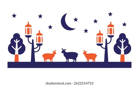 Eid Mubarak Celebration Illustration, Islamic Lanterns and Mosque Vector design

