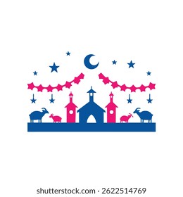 Eid Mubarak Celebration Illustration, Islamic Lanterns and Mosque Vector design

