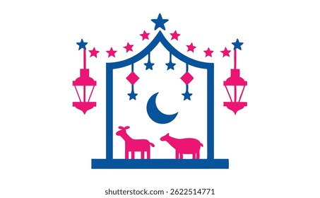 Eid Mubarak Celebration Illustration, Islamic Lanterns and Mosque Vector design

