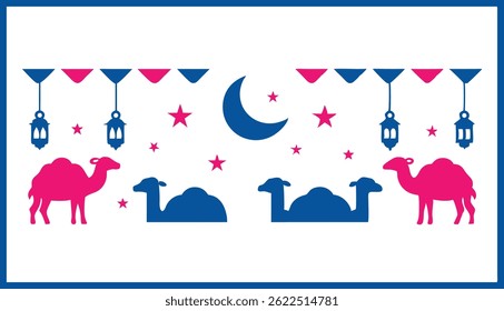 Eid Mubarak Celebration Illustration, Islamic Lanterns and Mosque Vector design

