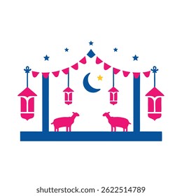 Eid Mubarak Celebration Illustration, Islamic Lanterns and Mosque Vector design

