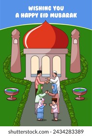 Eid Mubarak Celebration: Joyful People Greeting Each Other. Suitable for greeting card, poster and flyer