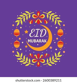 Eid Mubarak Celebration with Lanterns and Floral Frame - Festive Islamic Design